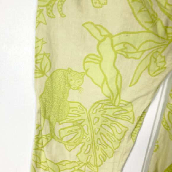 Nwot LAS SURENAS Pants S Linen Cotton Lime Green Leaf Straight Slit Pcks Cheetah - Picture 9 of 15